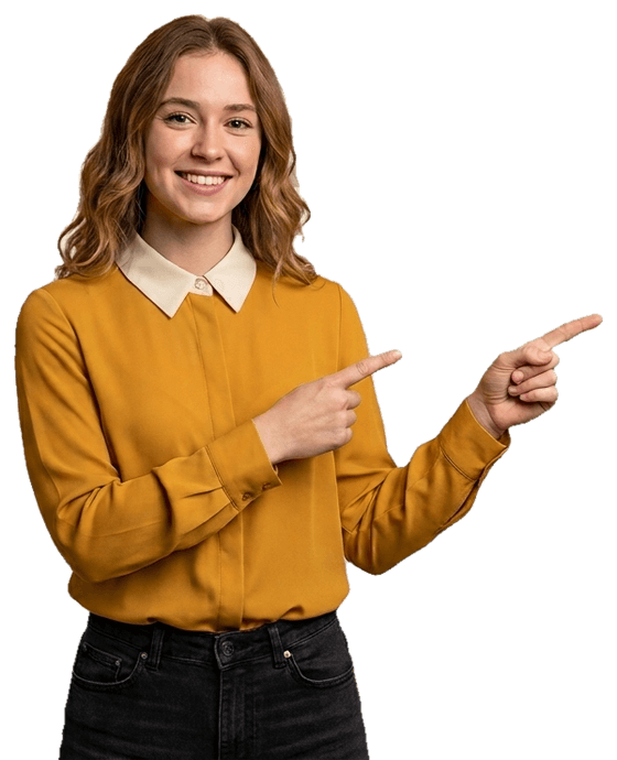 Mulher sorrindo e apontando para as soluções da LISS